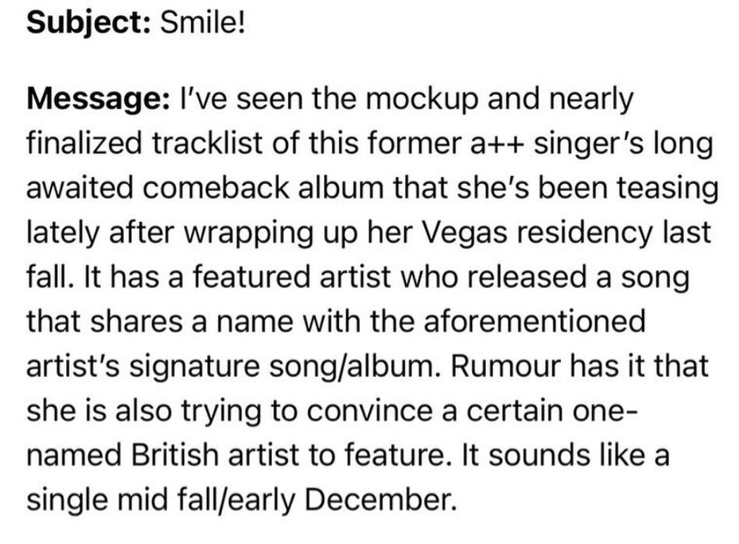 number - Subject Smile! Message I've seen the mockup and nearly finalized tracklist of this former a singer's long awaited comeback album that she's been teasing lately after wrapping up her Vegas residency last fall. It has a featured artist who released